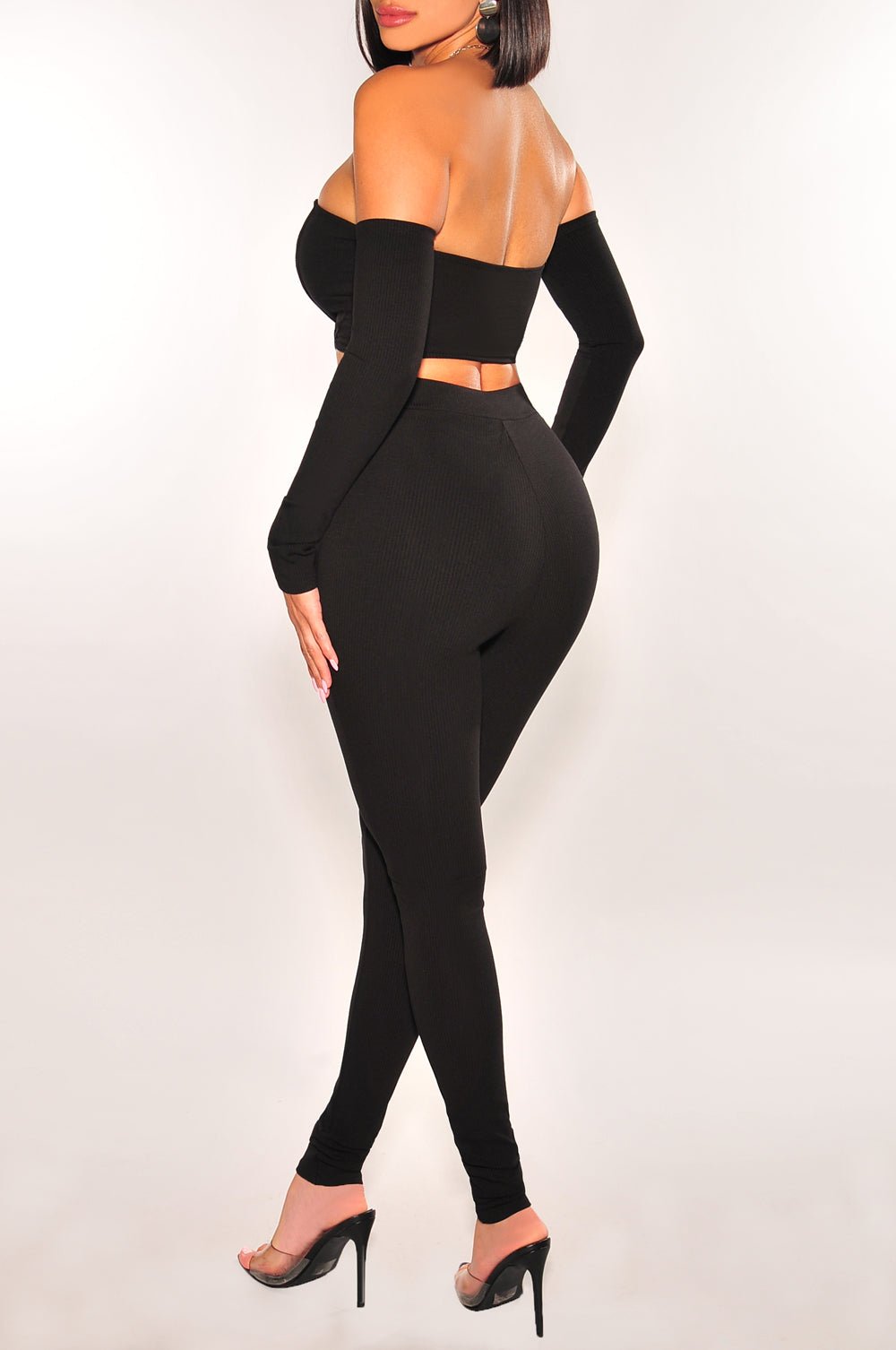 Black Ribbed Off Shoulder High Waist Pants Two Piece Set Large