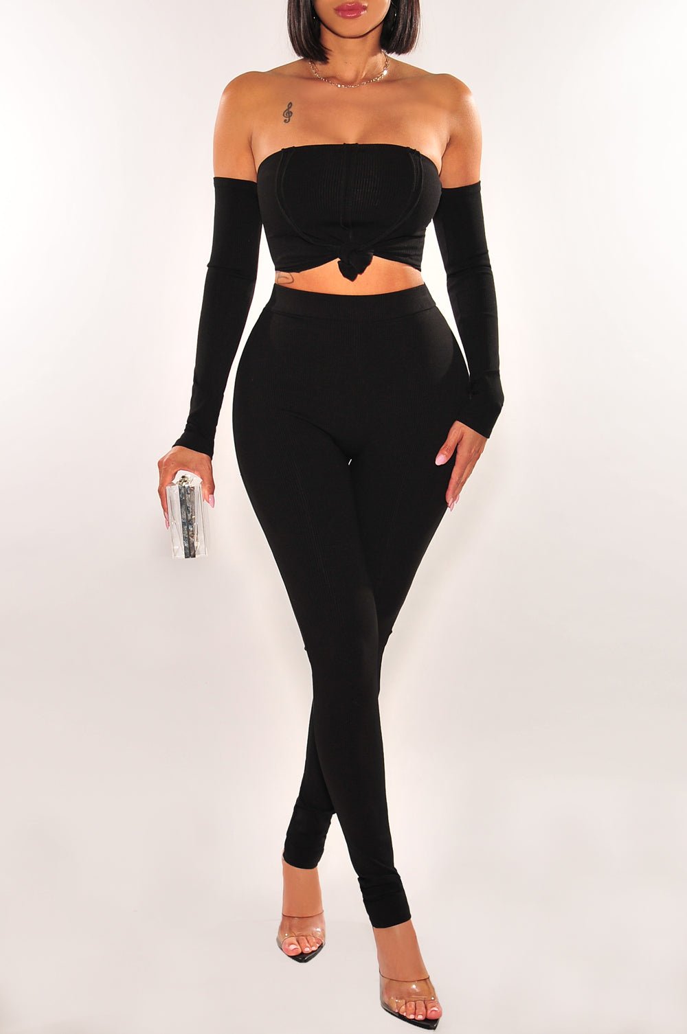 Black Ribbed Off Shoulder High Waist Pants Two Piece Set – Hot