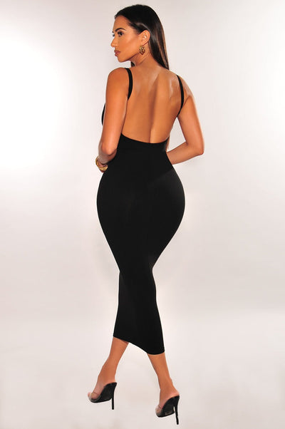 Black Ribbed Spaghetti Strap Sleeveless Open Back Midi Dress - Hot Miami Styles