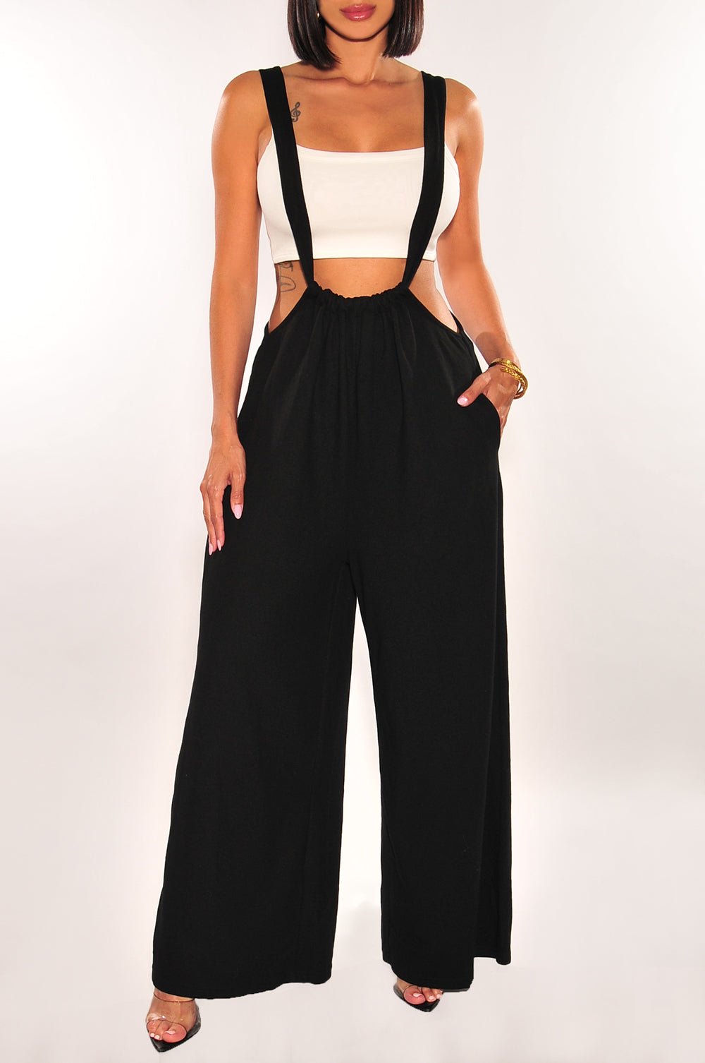 Black Ribbed Tie Up Drawstring Flare Suspender Overall Pants
