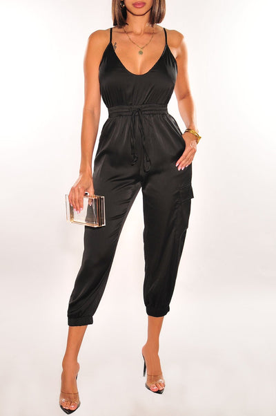 Black Satin Spaghetti Strap Snatched Jumpsuit - Hot Miami Styles