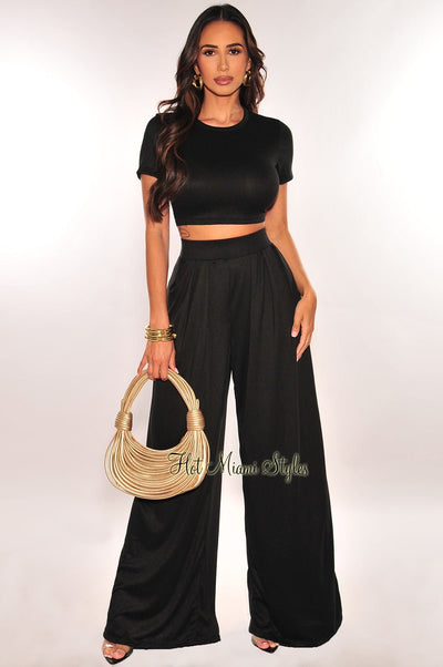 Black Short Sleeve Cropped High Waist Pleated Wide Leg Pants Two Piece Set - Hot Miami Styles