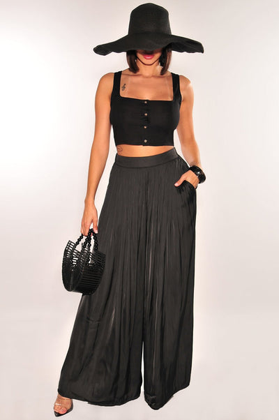 Black Silky High Waist Pleated Palazzo Pants - Hot Miami Styles