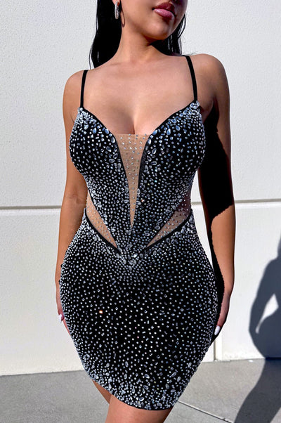 Black Silver Rhinestone Nude Mesh Plunge Spaghetti Straps Dress - Hot Miami Styles