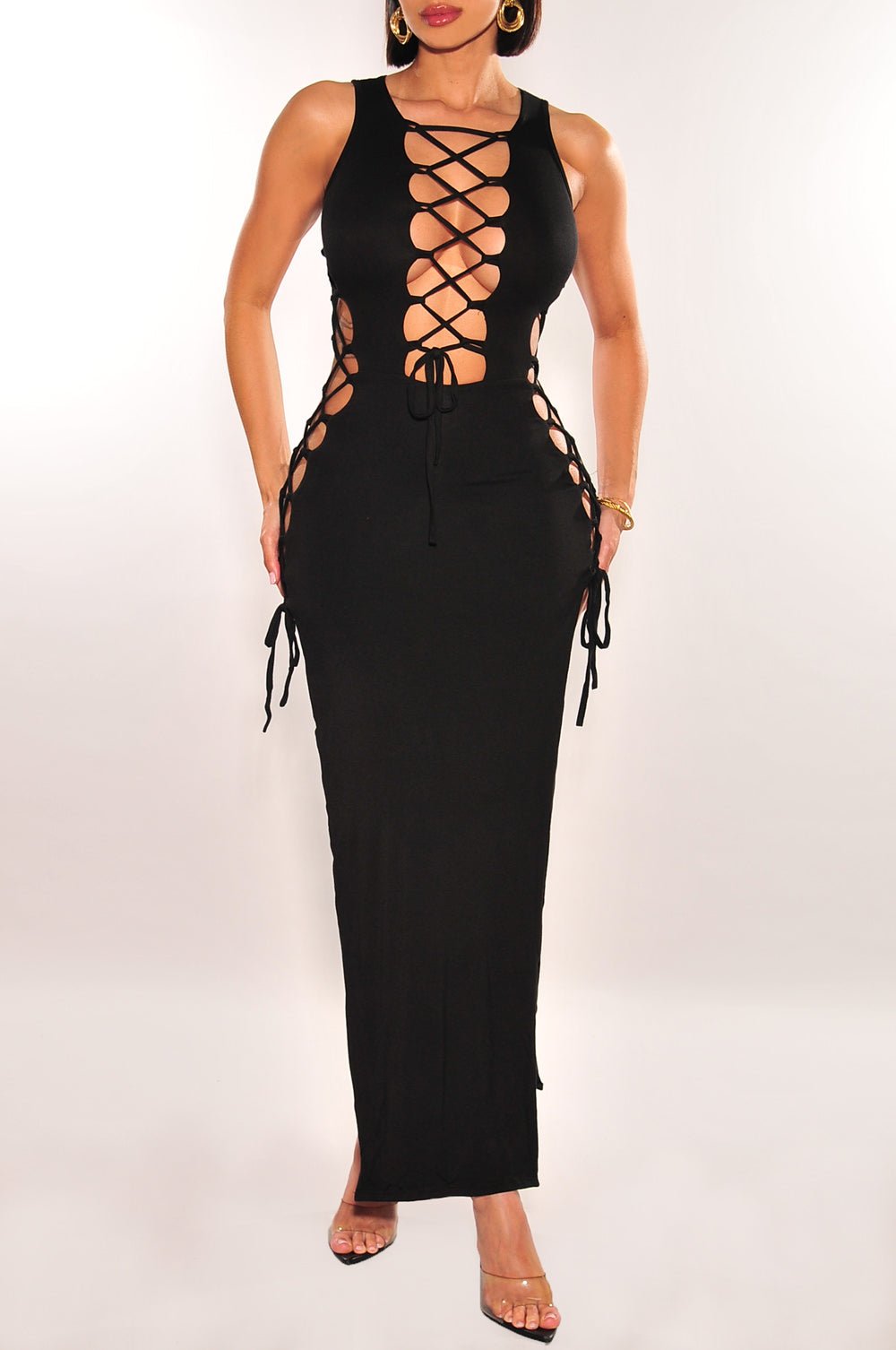 Black Sleeveless Lace Up Sides Double Slit Maxi Dress - Hot Miami Styles Large Black Sleeveless Lace Up Sides Double Slit Maxi Dress - Hot Miami Styles Large
