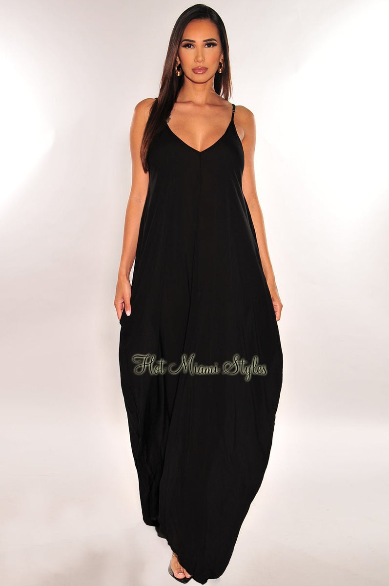 Black Spaghetti Straps V Neck Cover Up Maxi Dress – Hot Miami Styles