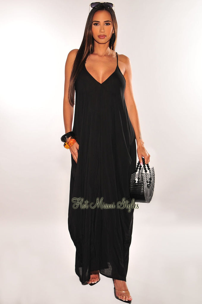 Black Spaghetti Straps V Neck Cover Up Maxi Dress – Hot
