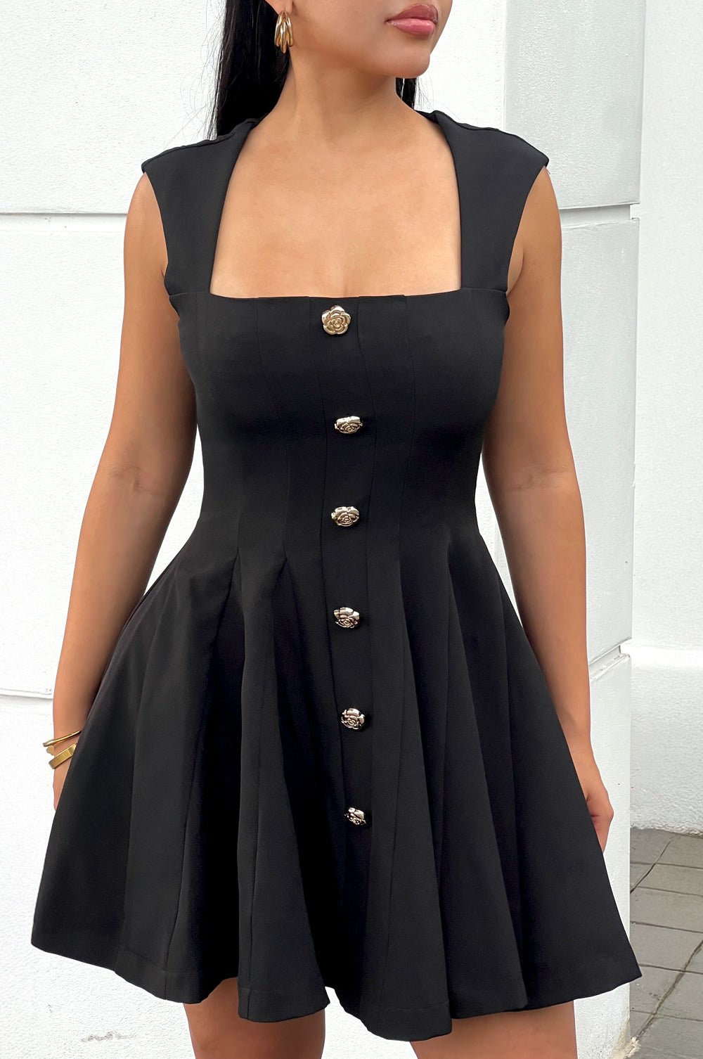 Black Square Neck Pleated Flare Mini Dress – Hot Miami Styles