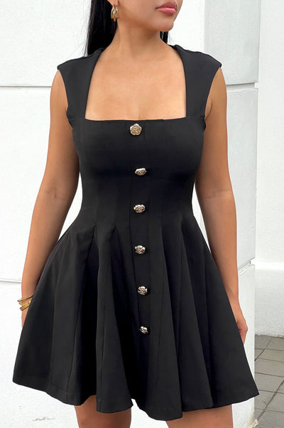 Black Square Neck Pleated Flare Mini Dress - Hot Miami Styles