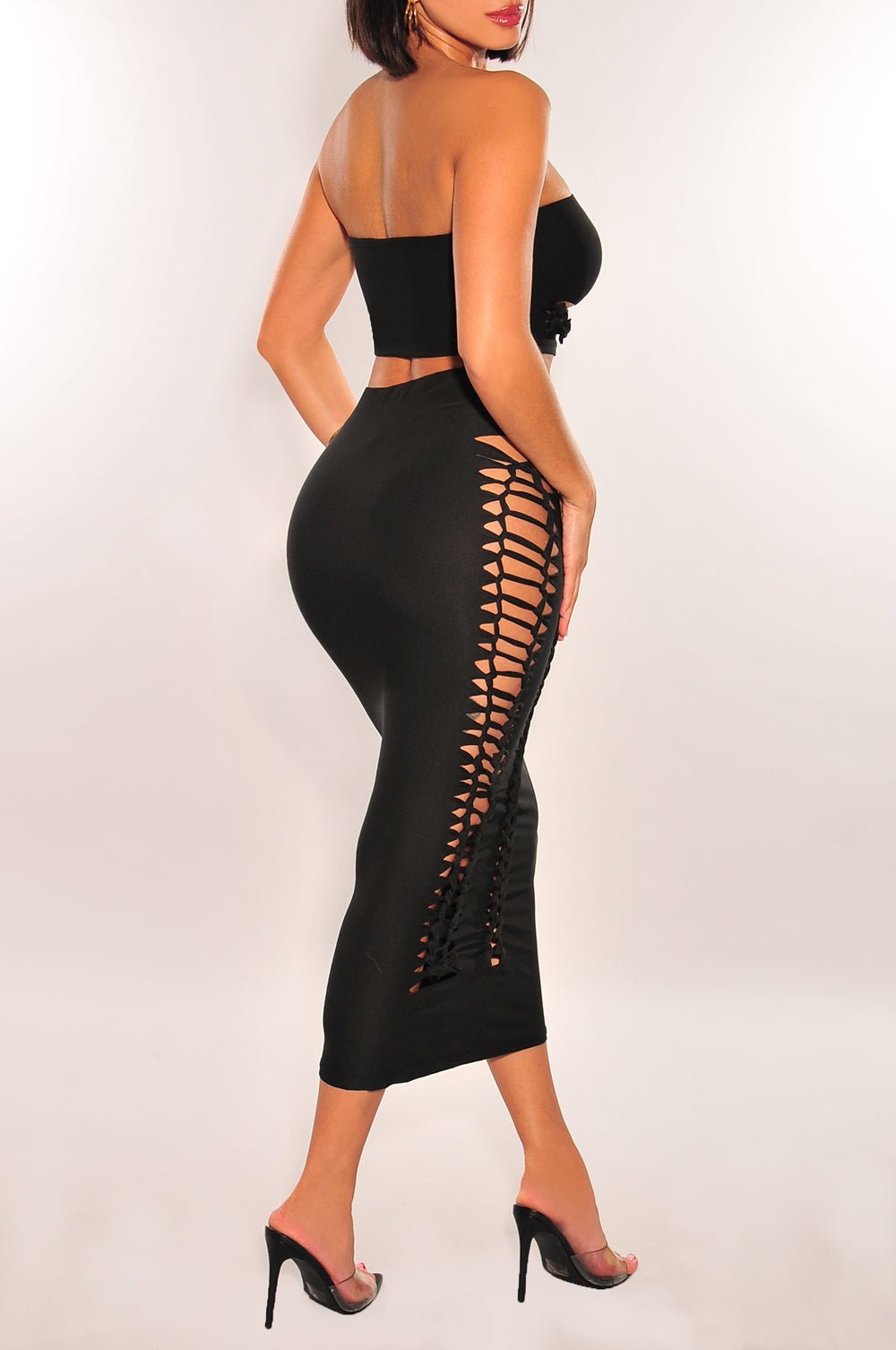 Black Strapless Cut Out Lace Up Midi Skirt Two Piece Set Small Black Strapless Cut Out Lace Up Midi Skirt Two Piece Set Small