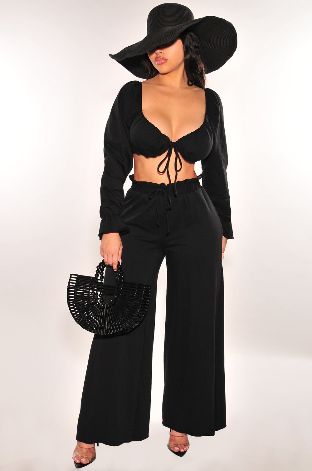 Black Tie Up Long Sleeve High Waist Palazzo Two Piece Set - Hot