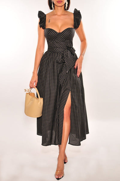 Black White Polka Dot Padded Underwire Belted Ruffle Slit Dress - Hot Miami Styles