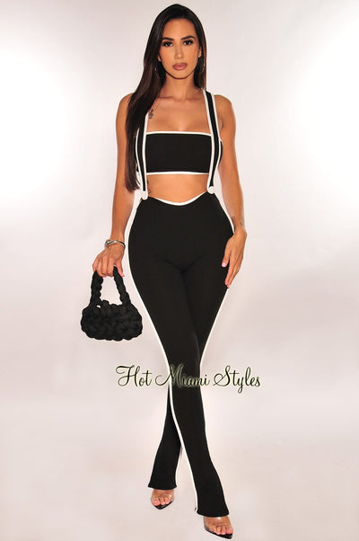 Black White Ribbed Bandeau Suspender Two Piece Pants Set - Hot Miami Styles
