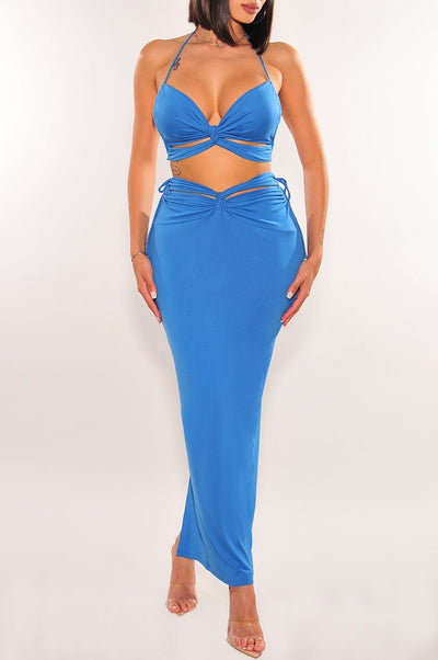 Blue Cut Out Knotted Midi Skirt Two Piece Set - Hot Miami Styles