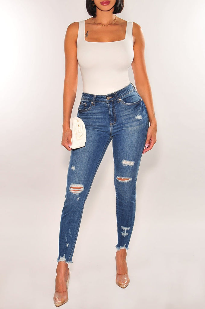 Blue Denim High Waist Distressed Skinny Frayed Hem Ankle Jeans