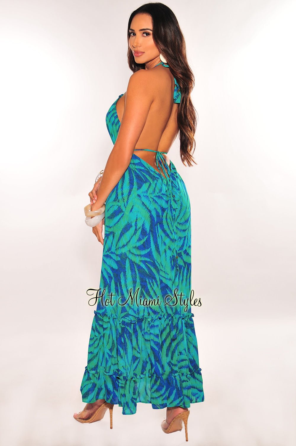 green emerald velvet dress Green Palm Tree Back Tie Wrap Mazi Dress main image 1