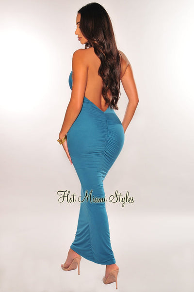 Blue Halter V Neck Ruched Dress - Hot Miami Styles