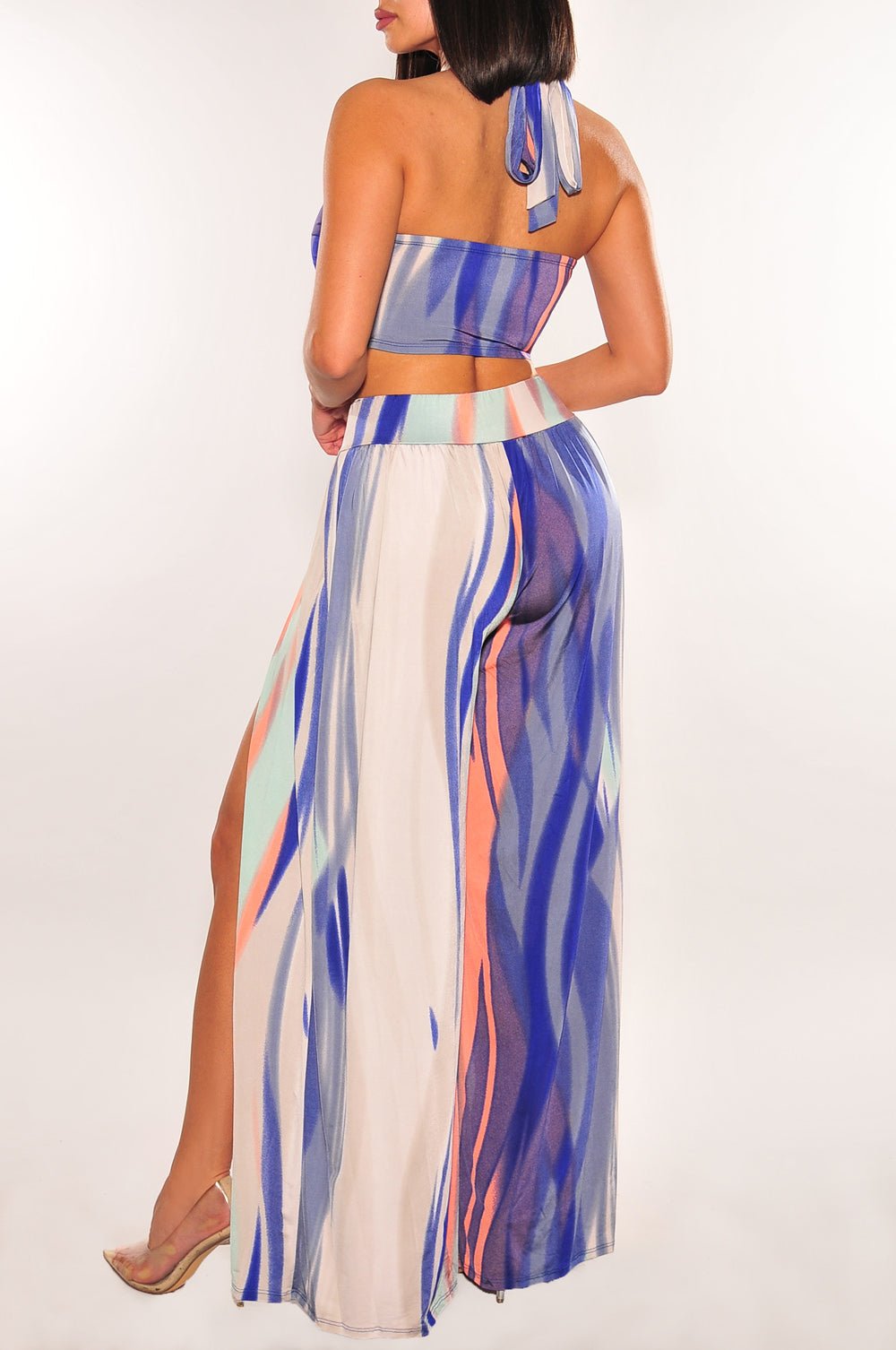 Blue Multicolor Abstract Print Criss Cross Wrap Halter Palazzo