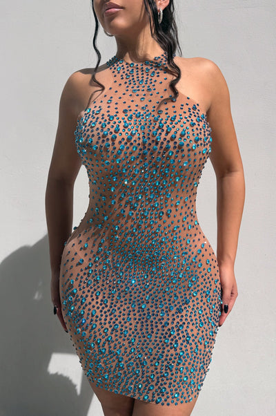 Blue Rhinestone Mesh Sheer Nude Sleeveless Dress - Hot Miami Styles