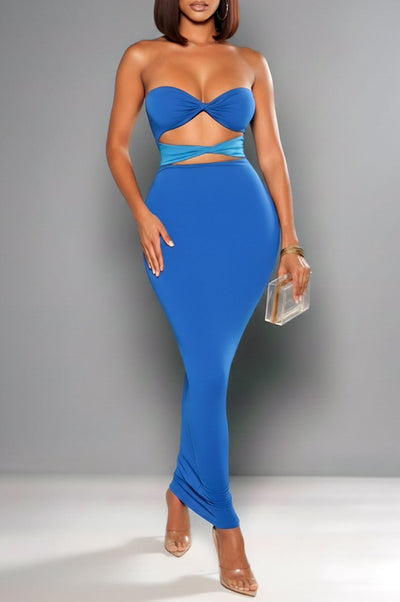 Blue Two Toned Cut Out Strapless Dress - Hot Miami Styles