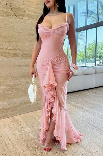 Blush Sweetheart Neckline Draped Ruffle Maxi Dress - Hot Miami Styles
