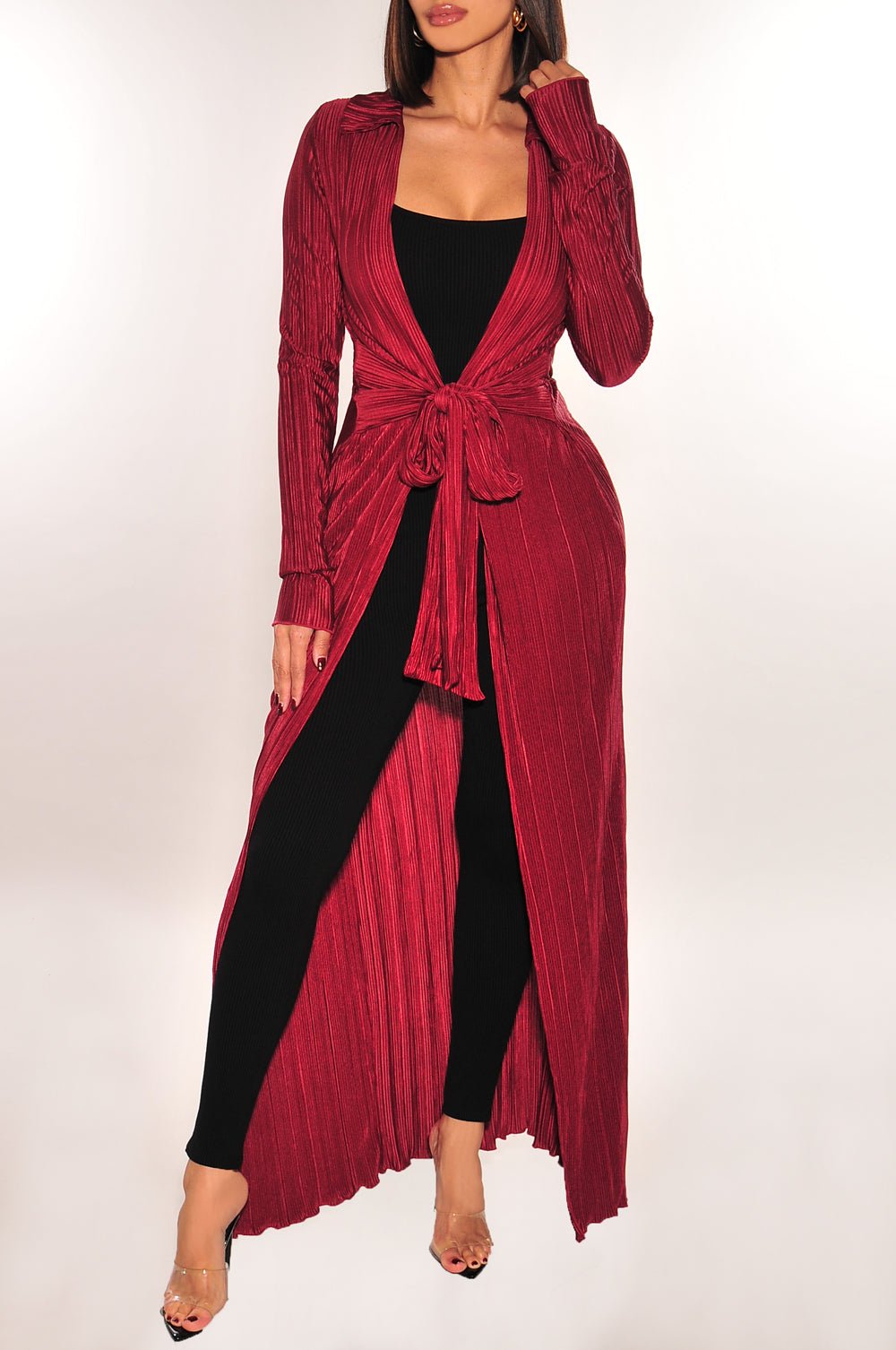 Burgundy Ribbed Collared Belted Long Sleeve Duster - Hot Miami Styles Large Burgundy Ribbed Collared Belted Long Sleeve Duster - Hot Miami Styles Large