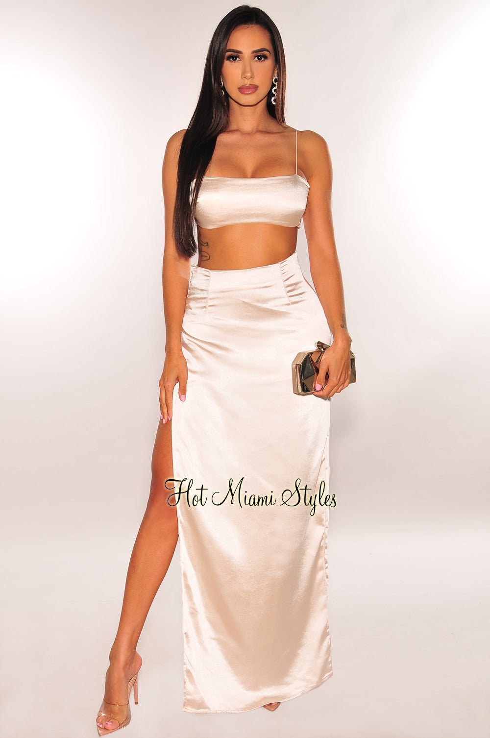 Champagne Elastic Satin Straps Silky Slit Skirt Two Piece Set - Hot Miami Styles Medium Champagne Elastic Satin Straps Silky Slit Skirt Two Piece Set - Hot Miami Styles Medium