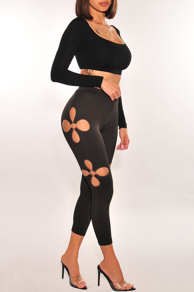 Legging 3/4 Femme Taille Haute Imprimé Floral - Pour Yoga, Fitness, Running - Tissu Coton Extensible Noir - 6