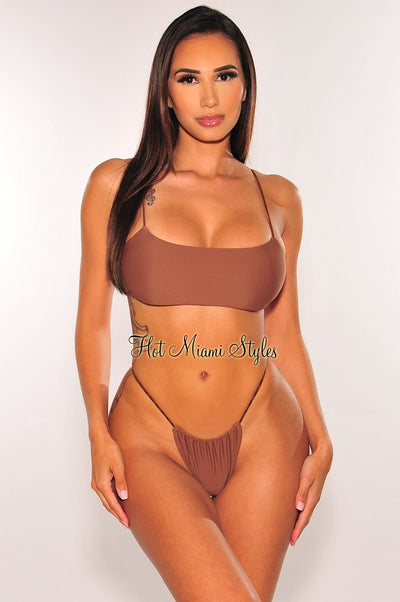 Chocolate Brown Seamless Elastic Straps Bikini - Hot Miami Styles