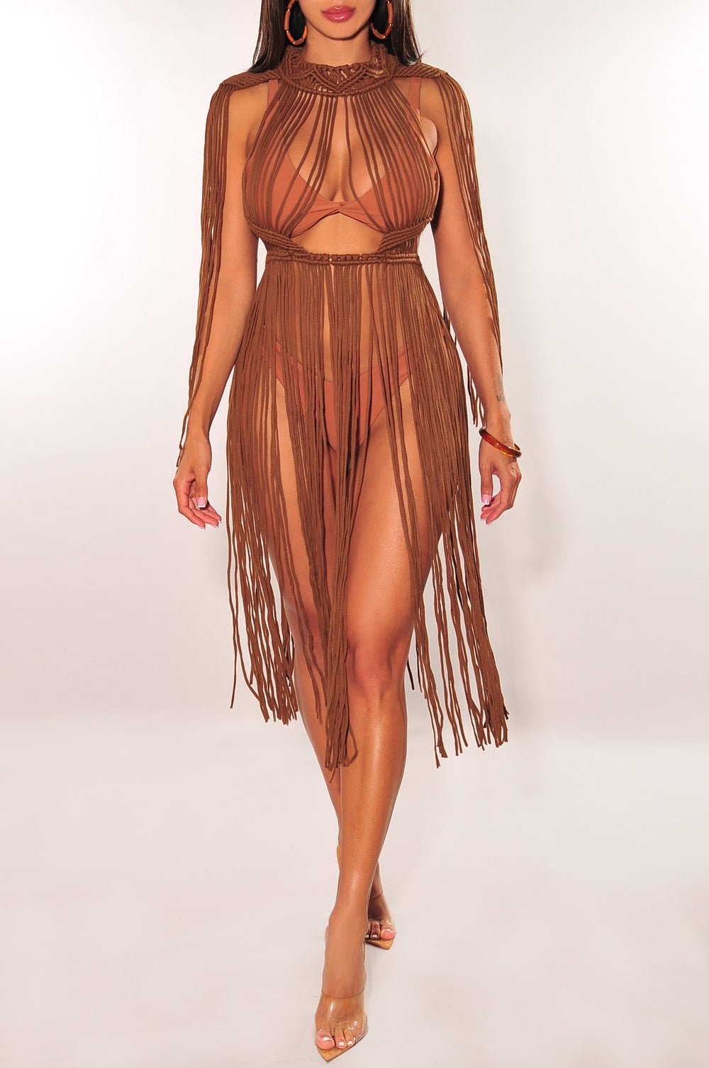 Chocolate Crochet Cape Sleeves Fringe Cover Up Dress Hot Miami Styles Chocolate Crochet Cape Sleeves Fringe Cover Up Dress Hot Miami Styles