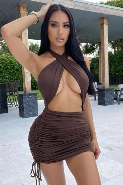 Chocolate Halter CrissCross Cut Out Ruched Dress - Hot Miami Styles