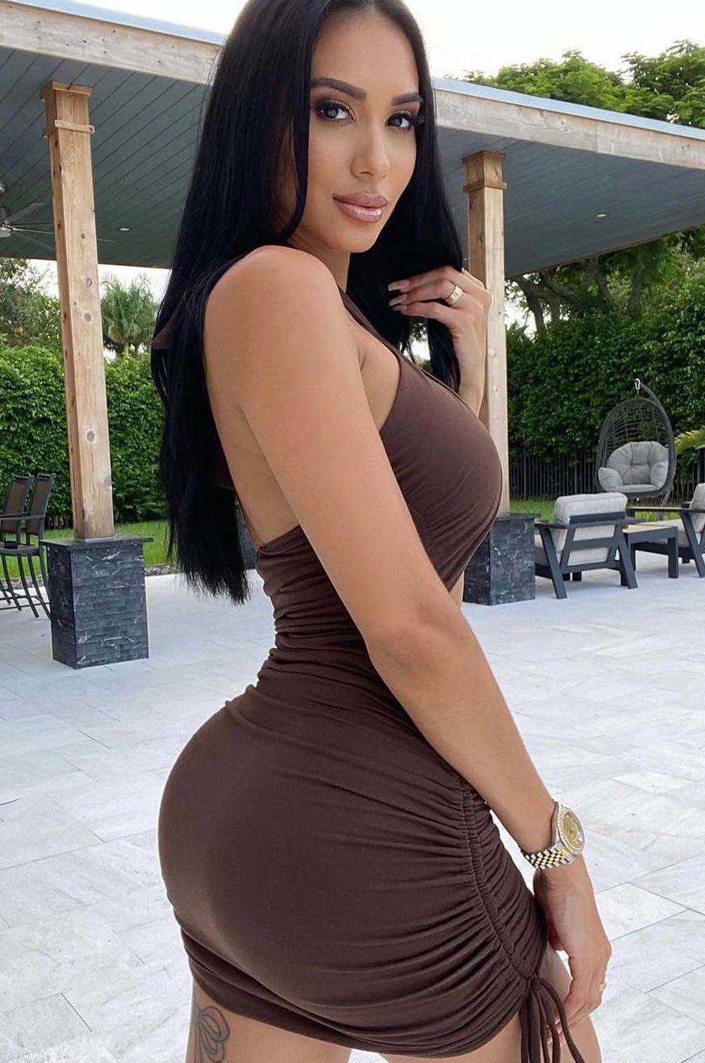 white christmas dresses Chocolate Halter Crisscross Cut Out Ruched Dress – Hot Miami Styles