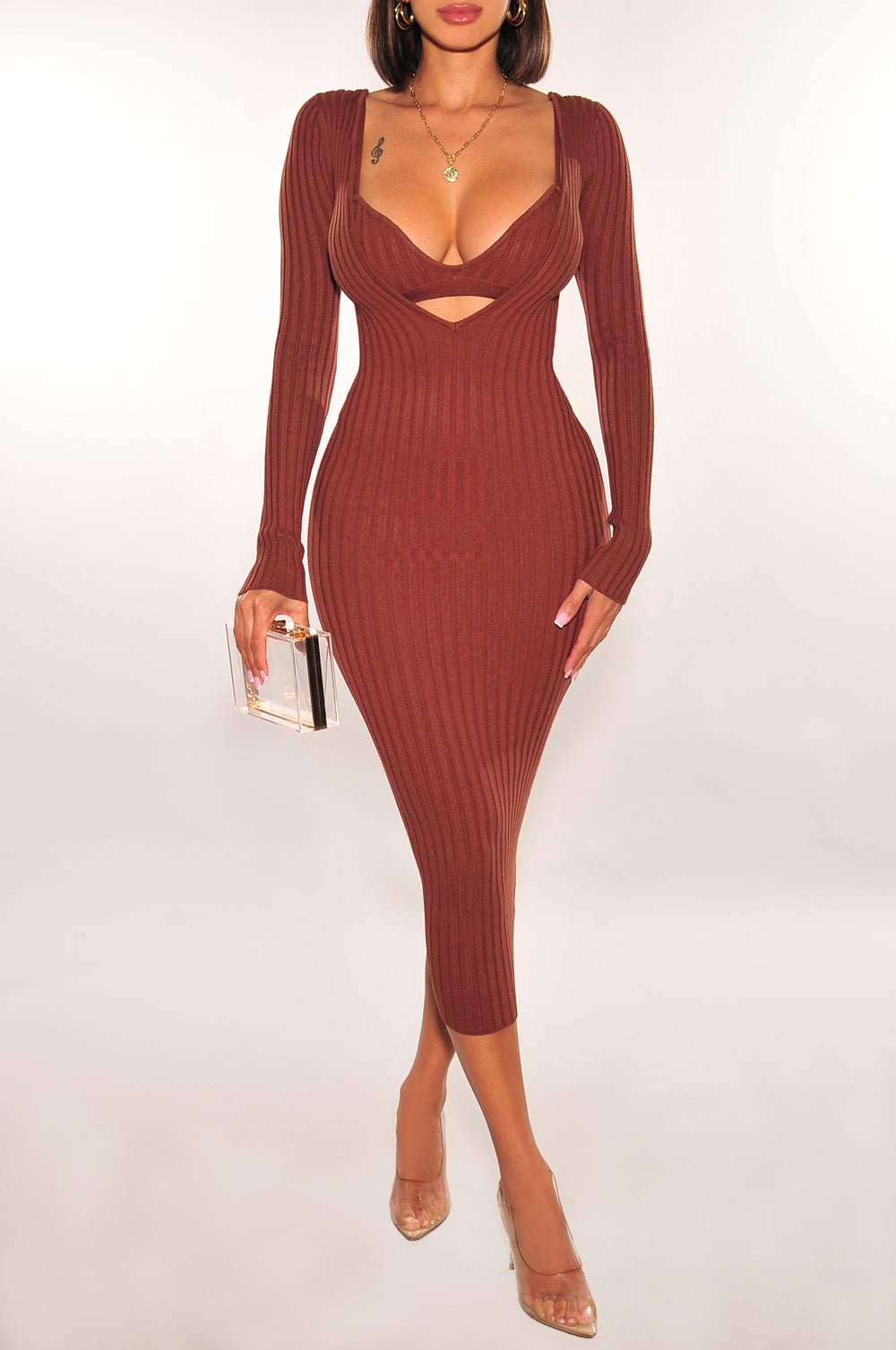 Chocolate Ribbed Knit Plunge Neck Long Sleeve Midi Dress + Bralette - Hot Miami Styles Small Chocolate Ribbed Knit Plunge Neck Long Sleeve Midi Dress + Bralette - Hot Miami Styles Small