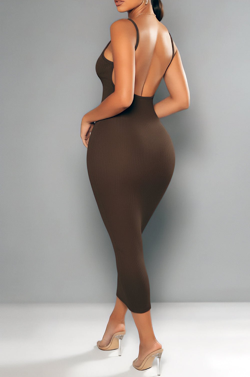 Chocolate Ribbed Knit Spaghetti Straps Scoop Back Midi Dress - Hot Miami Styles Chocolate Ribbed Knit Spaghetti Straps Scoop Back Midi Dress - Hot Miami Styles