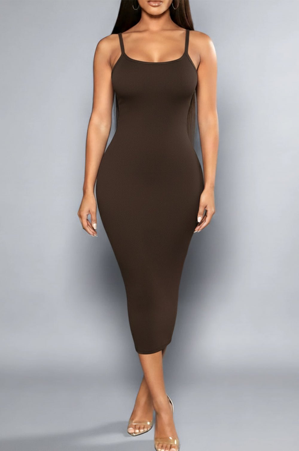 Chocolate Ribbed Knit Spaghetti Straps Scoop Back Midi Dress - Hot Miami Styles Medium Chocolate Ribbed Knit Spaghetti Straps Scoop Back Midi Dress - Hot Miami Styles Medium