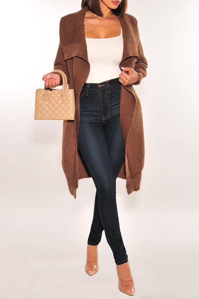 Chocolate Ribbed Long Sleeve Collared Cardigan Jacket - Hot Miami Styles