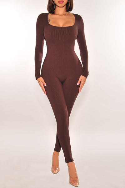 Chocolate Ribbed Long Sleeve Rounded Square Neck Jumpsuit - Hot Miami Styles