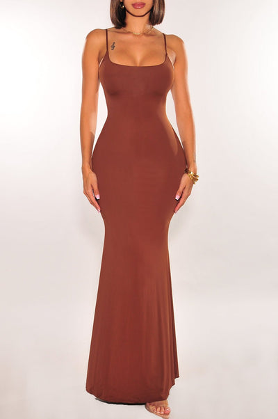 Chocolate Spaghetti Strap Round Neck Mermaid Dress - Hot Miami Styles