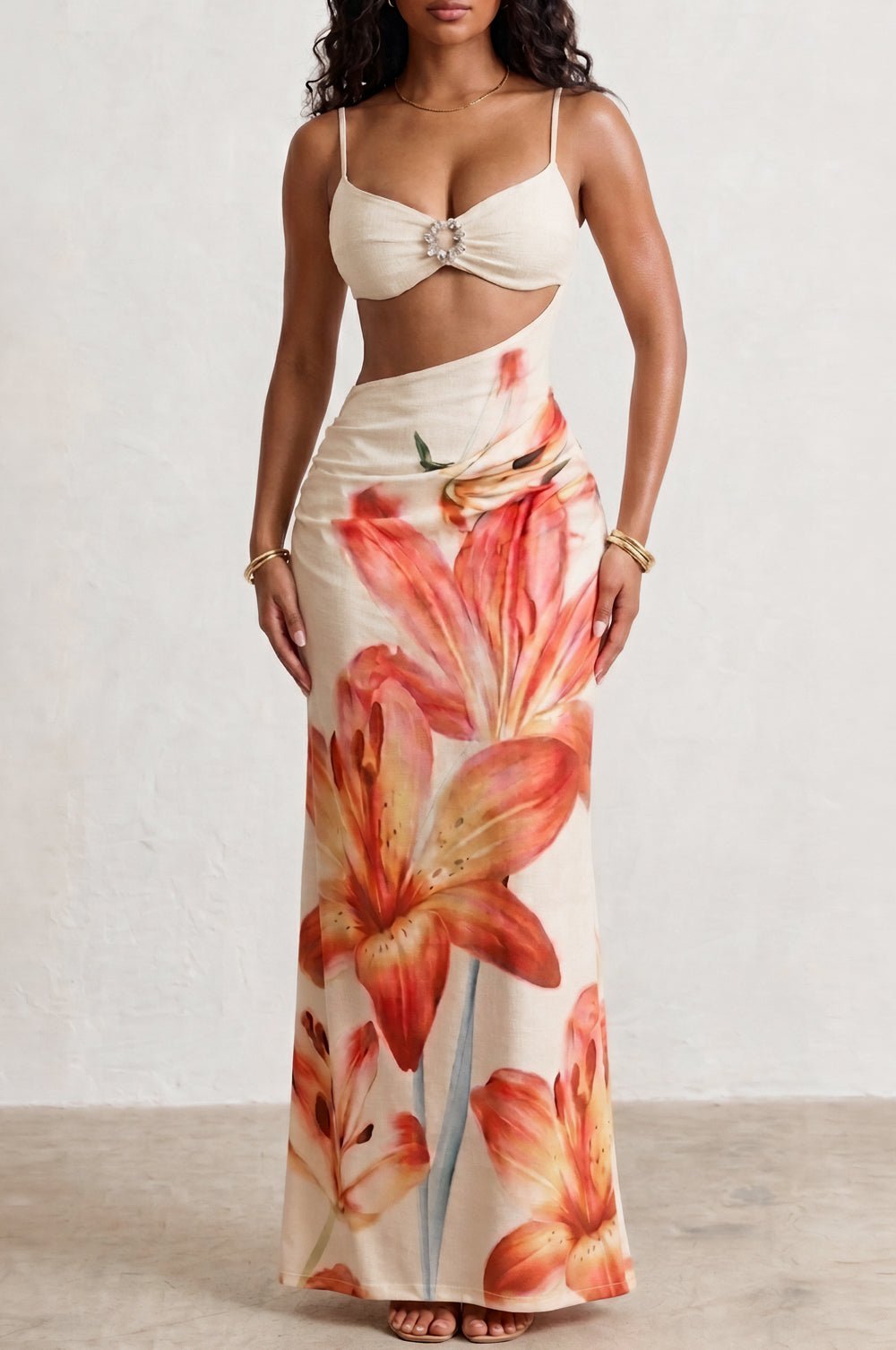 Cream Floral Print Cut Out Maxi Dress Medium