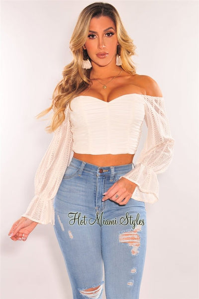 Cream Off Shoulder Ruched Crochet Long Sleeve Top - Hot Miami Styles