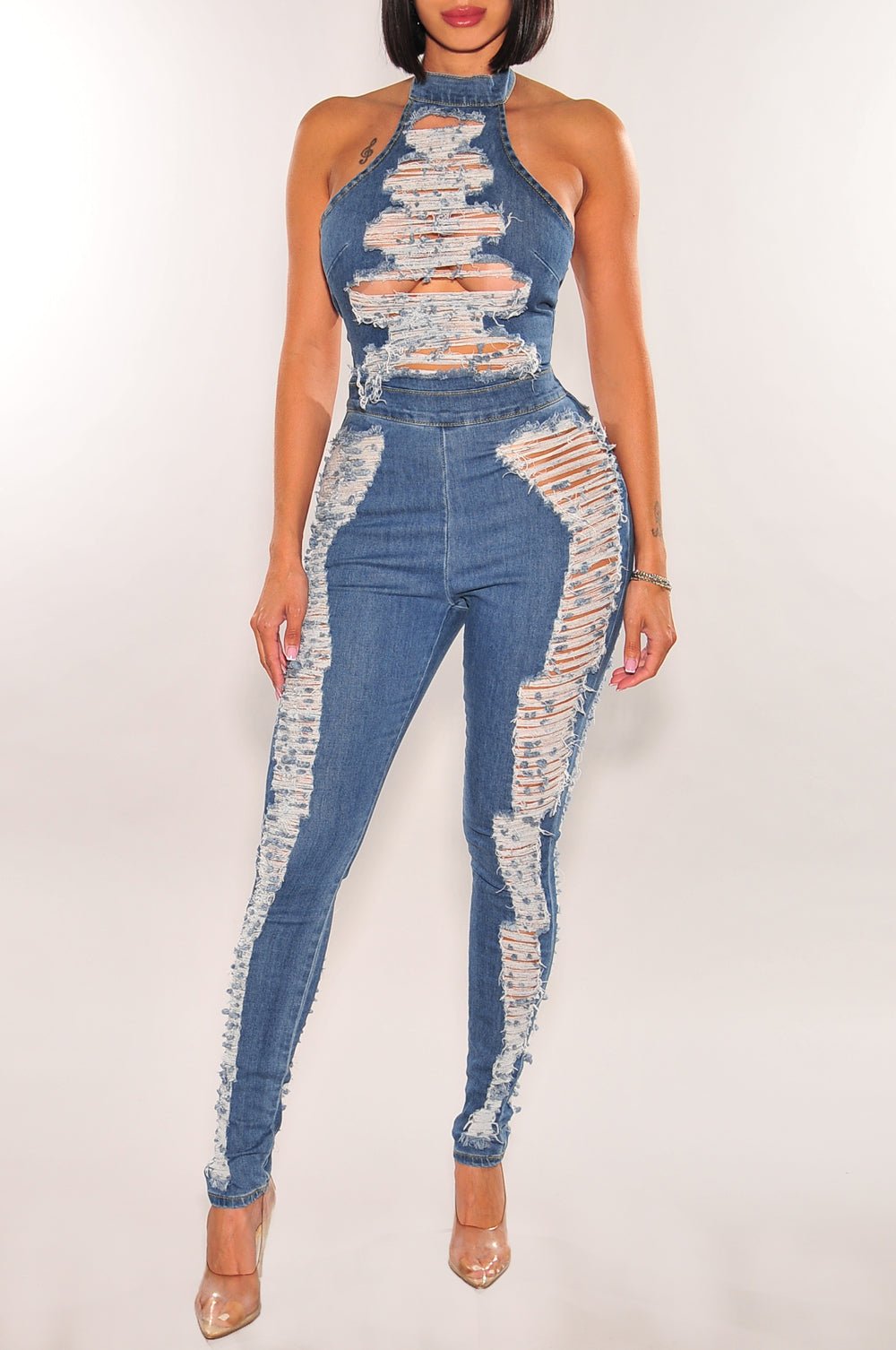 Denim Halter Sleeveless Ripped Destroyed Open Back Jumpsuit