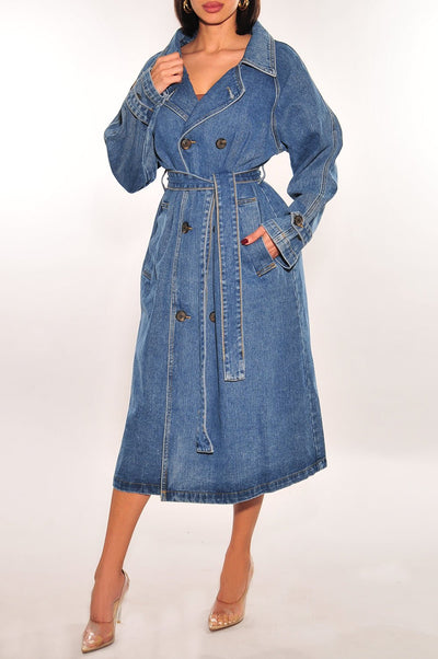 Denim Long Sleeve Collared Button Down Trench Coat - Hot Miami Styles