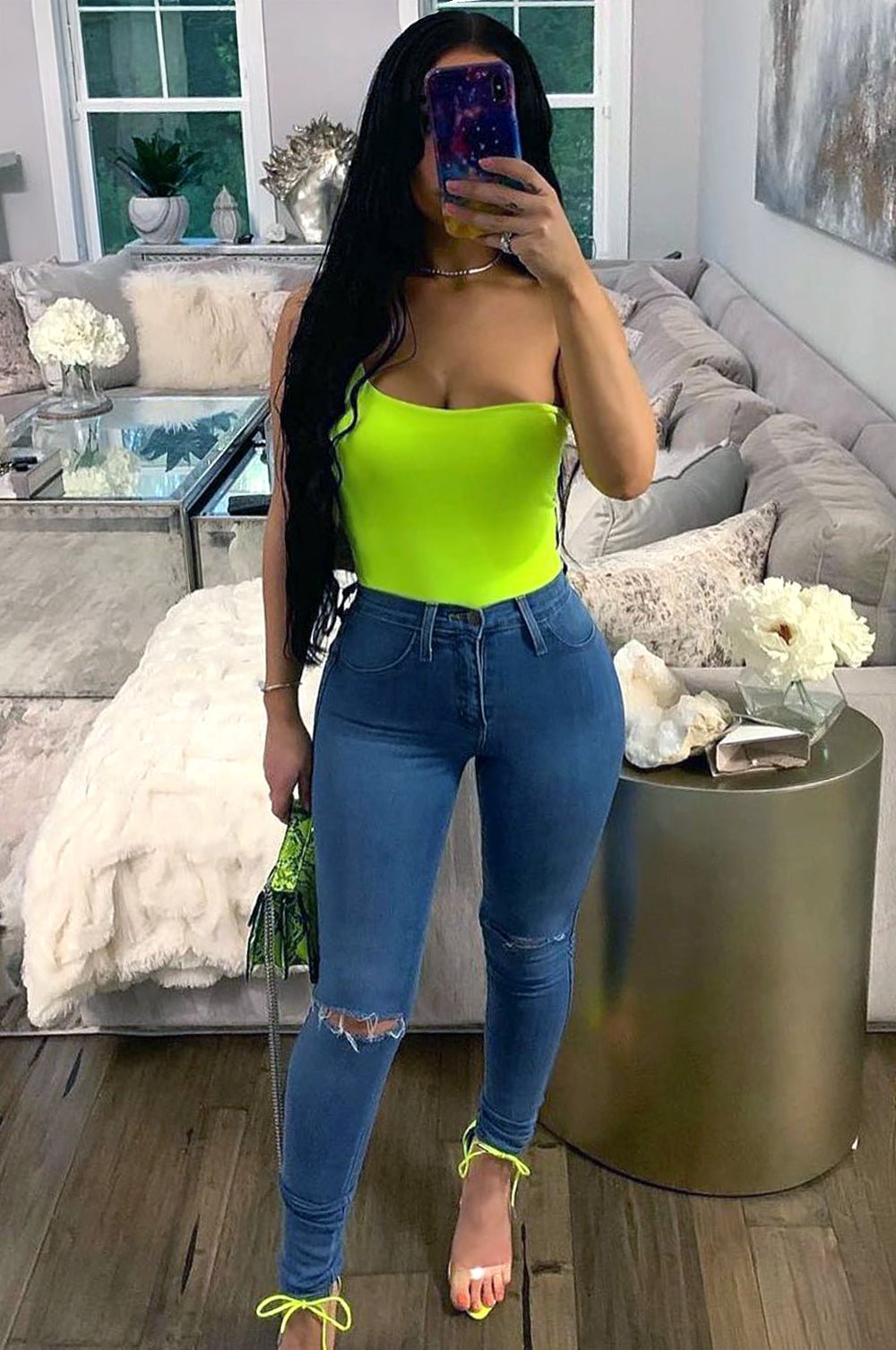 Denim Ripped Knee High-Waist Skinny Jeans