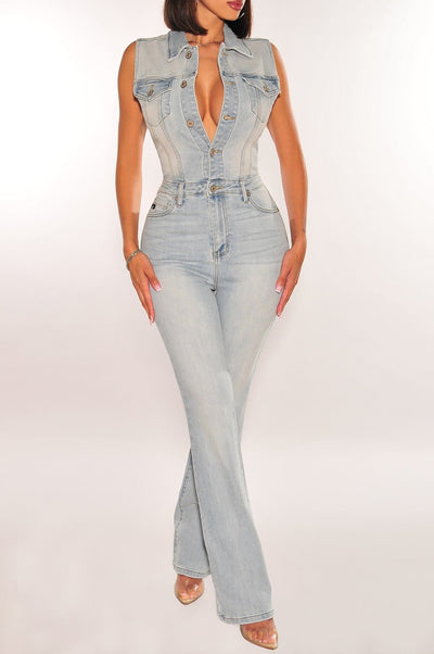 Denim Sleeveless Collared Button Up Jumpsuit - Hot Miami Styles