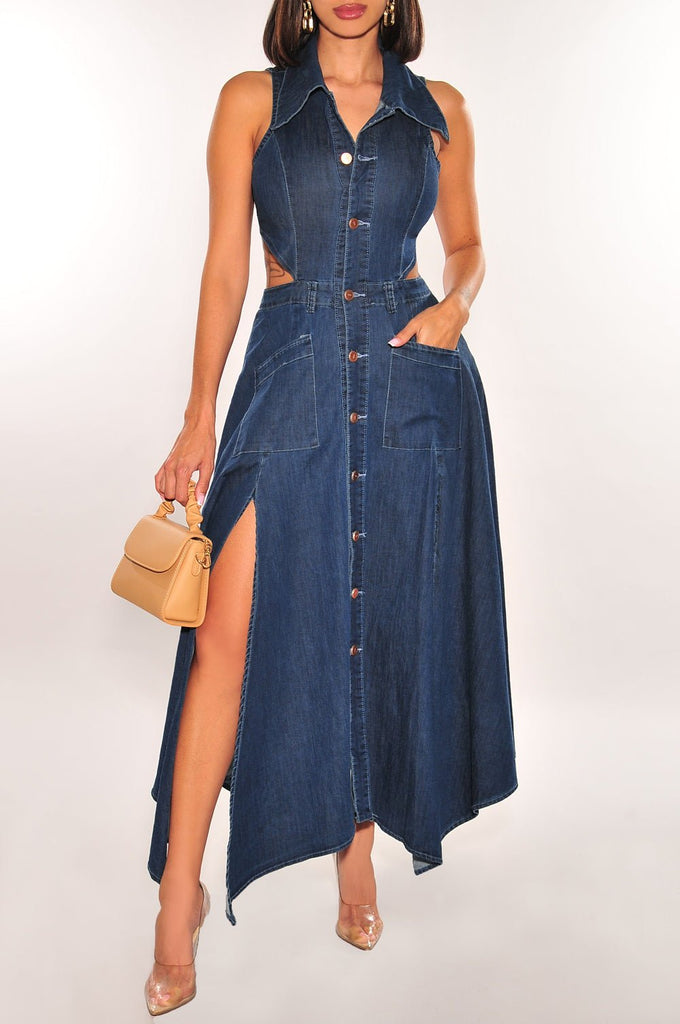 Denim Sleeveless Collared Cut Out Button Down Asymmetrical Slit Dress X-Large Denim Sleeveless Collared Cut Out Button Down Asymmetrical Slit Dress – Hot  Miami Styles