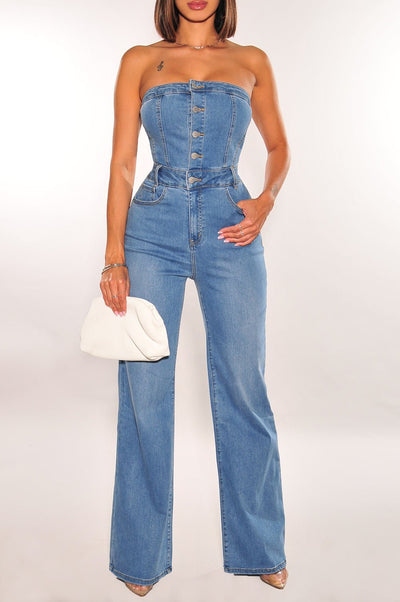 Denim Strapless Button Up Flared Leg Jumpsuit - Hot Miami Styles