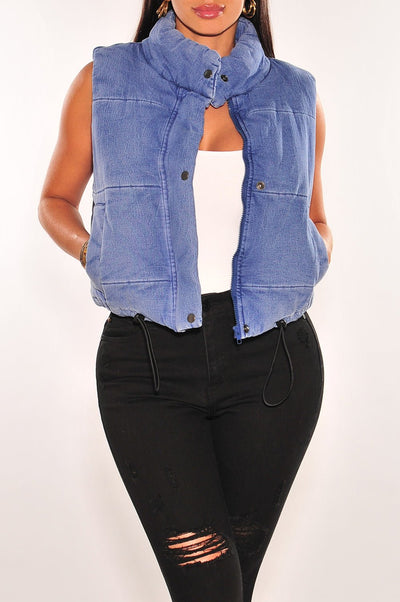 Denim Wash Sleeveless Collared Puffer Cropped Vest - Hot Miami Styles