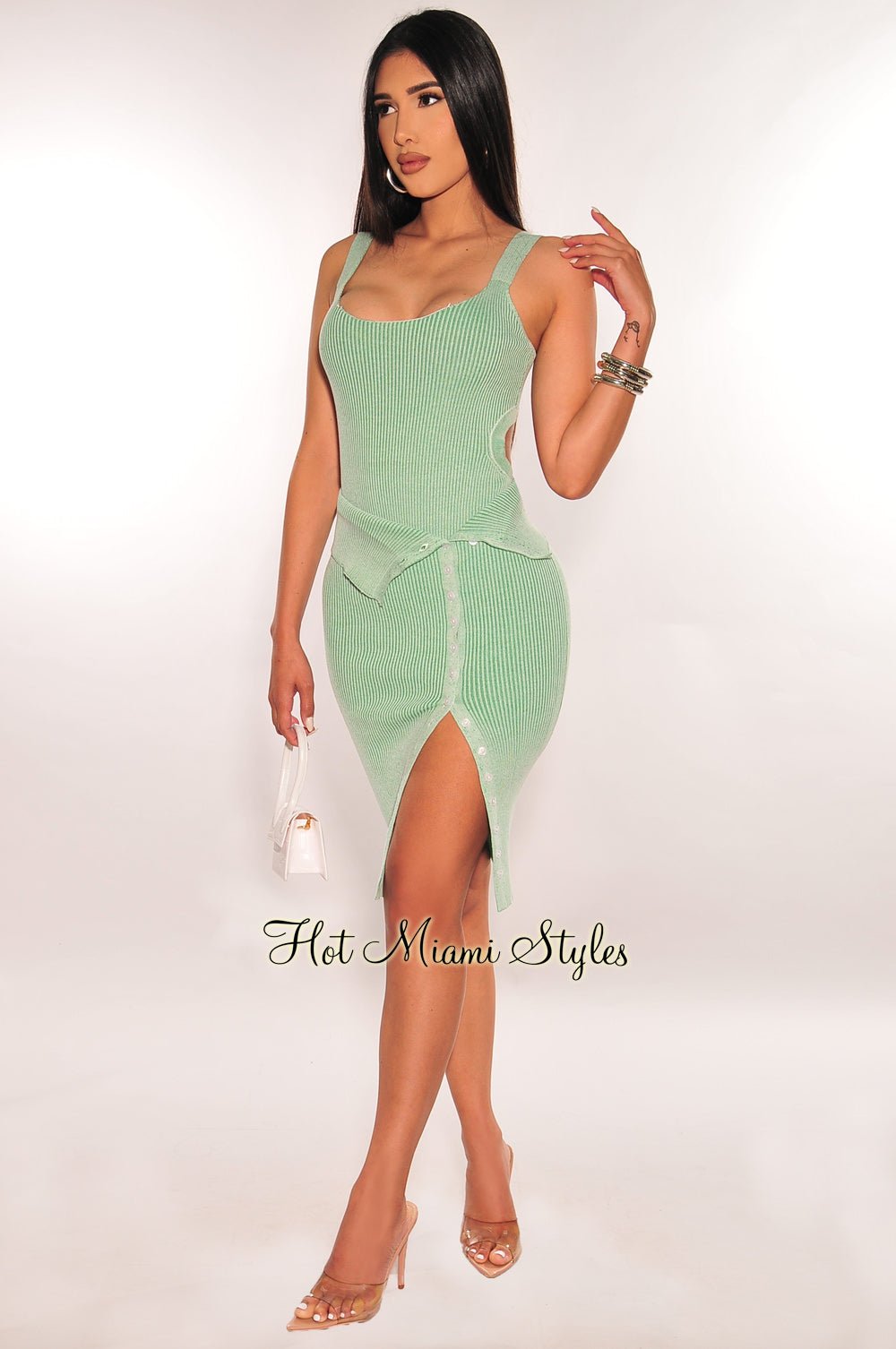 Dusty Sage Ribbed Cut Out Bodysuit Layover Button Up Skirt