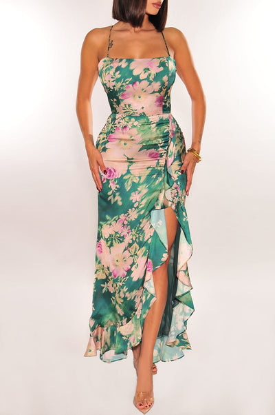 Emerald Floral Criss Cross Lace Up Corset Ruffle Slit Dress - Hot Miami Styles