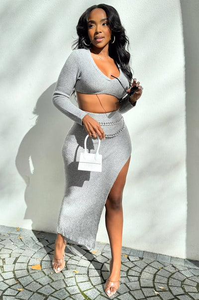 Gray Ribbed Knit Long Sleeve Slit Skirt Two Piece Set - Hot Miami Styles